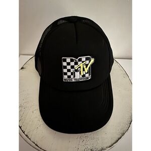 MTV Music Television Trucker Hat Black Mesh Cap Checkered Logo Retro 90s Style
